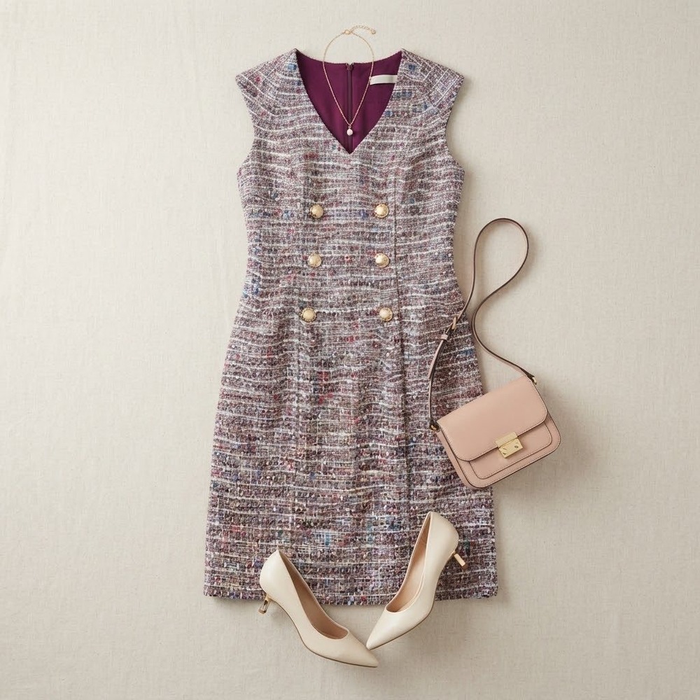 Karl Lagerfeld Tweed Sheath Dress Womens 0 Burgundy Double Breasted Office Chic